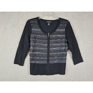 White House Black Market Women's Full Zip Beaded Rhinestone Sequins Sweater Sz S